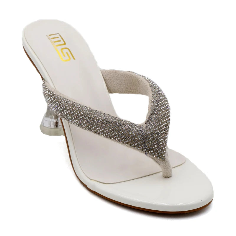 Autumn flip flops with transparent high heels and rhinestone embellishments for women's outdoor wear.