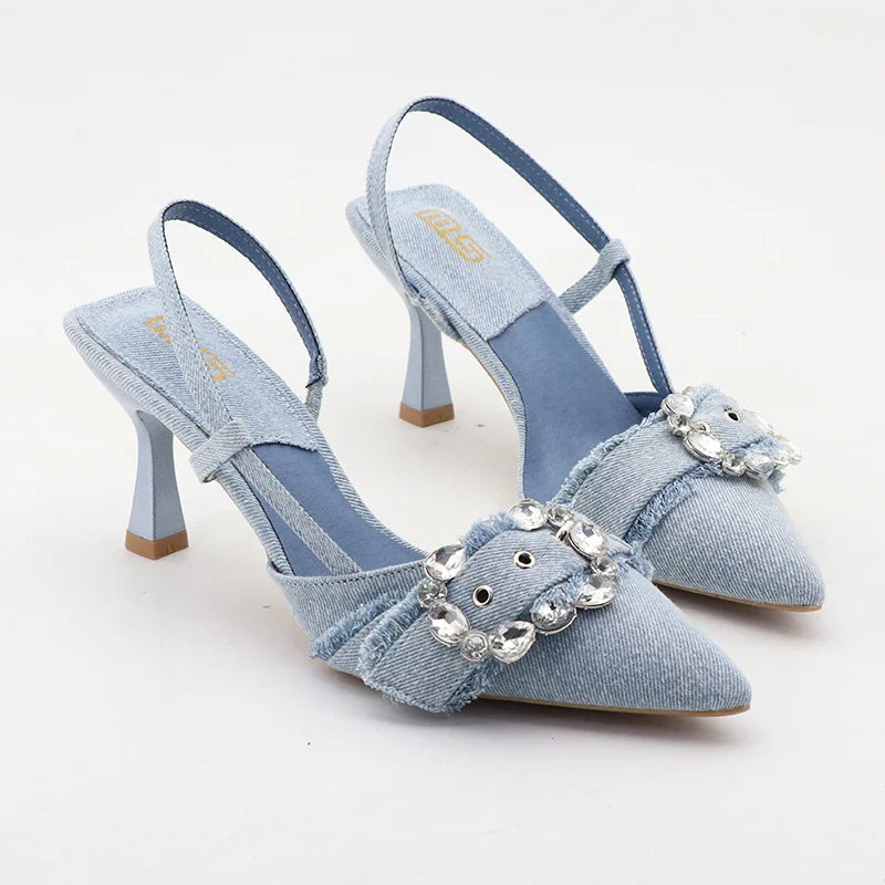 High-heeled denim sandals with rhinestone square buckle for autumn