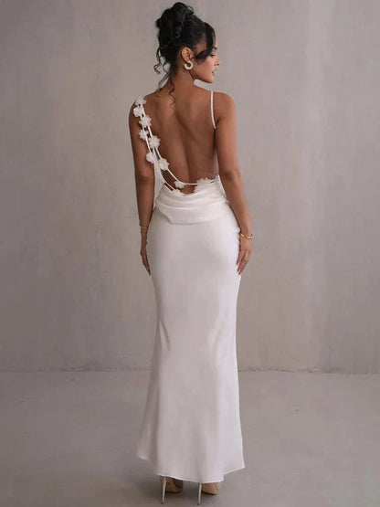 Open Back Cowl Drape Spaghetti Strap Floral Applique Maxi Gown