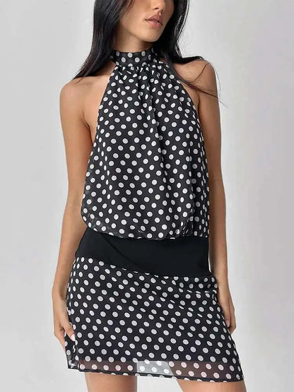 Polka Dot Patchwork Halter Mini Dress