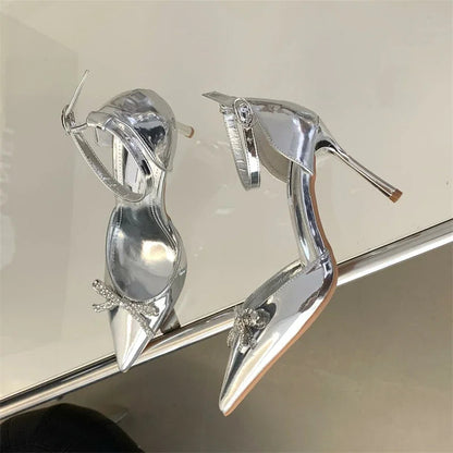 Crystal Butterfly-knot Pointed Toe Buckle Strap Women Pumps Sandals with Thin High Heels