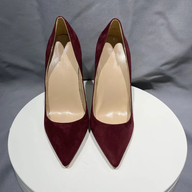 Burgundy Faux Suede Pointy Toe High Heel Shoes for Women