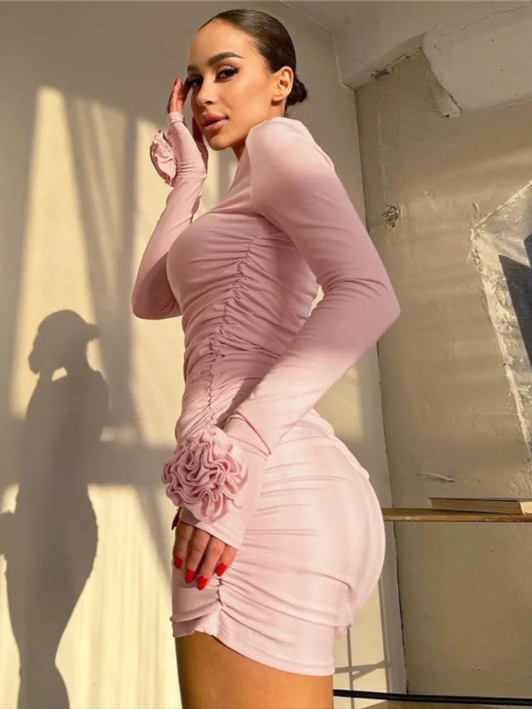 Floral Long Sleeve O Neck Bodycon Dress