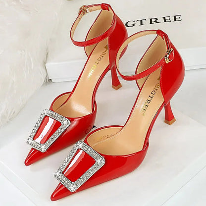 Rhinestone Women Pumps in Patent Leather with High Kitten Heels and Pointed Hollow Design