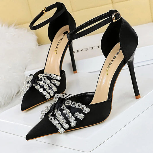 Summer High Heels 10 Cm Rhinestone Bow Women's Pumps with Hollow Out Design