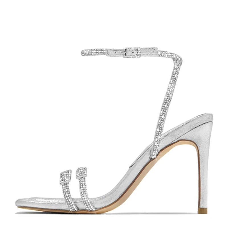 Crystal Ankle Strap Black Sandals for Elegant Women Party Wedding Banquet
