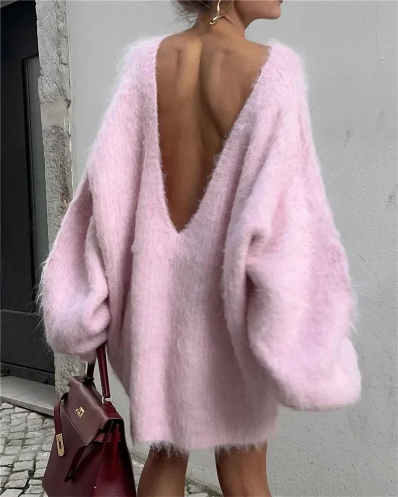 Trendix Loose Backless Knit Pullover For Women's 2024 Sexy Off Shoulder Long Sleeve Sweater Femme Solid Casual Knitwear Cover-up