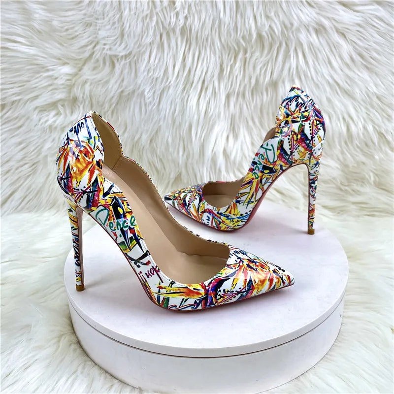 Floral Print V-Cut Pointy Toe High Heel Shoes for Women