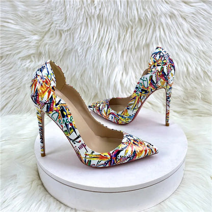 Floral Print V-Cut Pointy Toe High Heel Shoes for Women