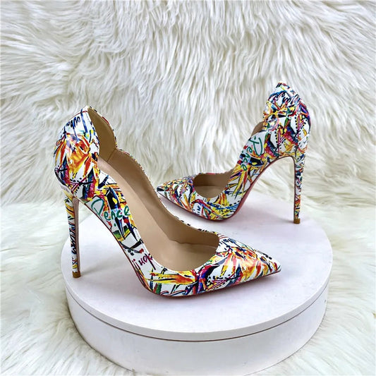 Floral Print V-Cut Pointy Toe High Heel Shoes for Women