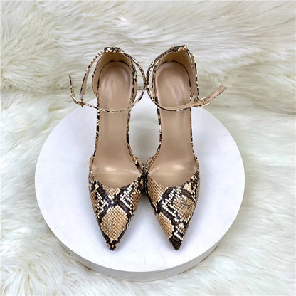 Snakeskin Pattern Pointy Toe High Heel Shoes with Ankle Strap for Women