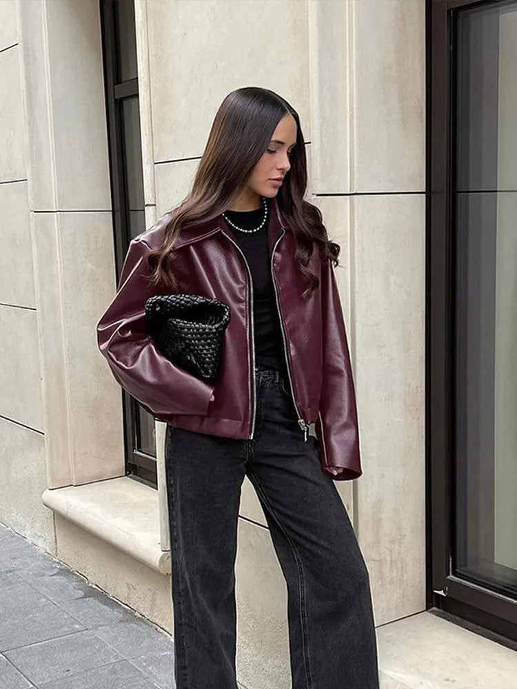 Wine PU Vintage Pocket Coat
