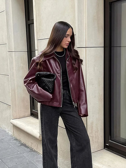 Wine PU Vintage Pocket Coat