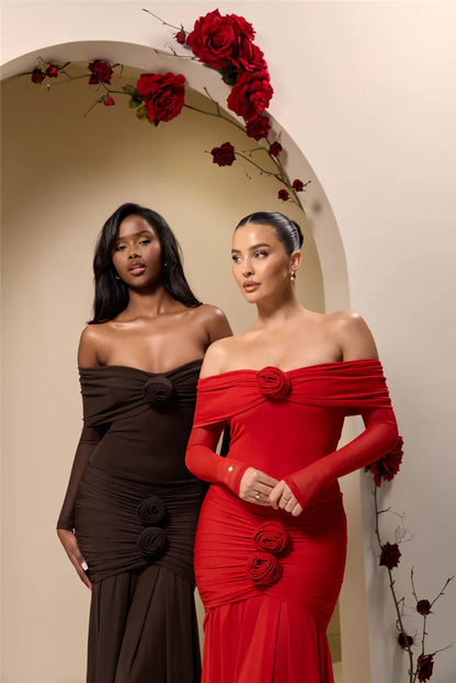 Off-shoulder Strapless Rose Long Sleeve Dress