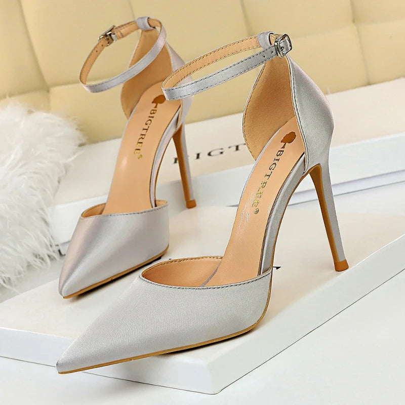 Satin Shallow Pointed Women Pumps with Buckle High Heels