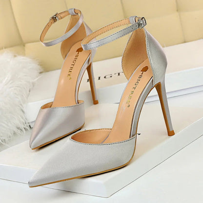 Satin Shallow Pointed Women Pumps with Buckle High Heels