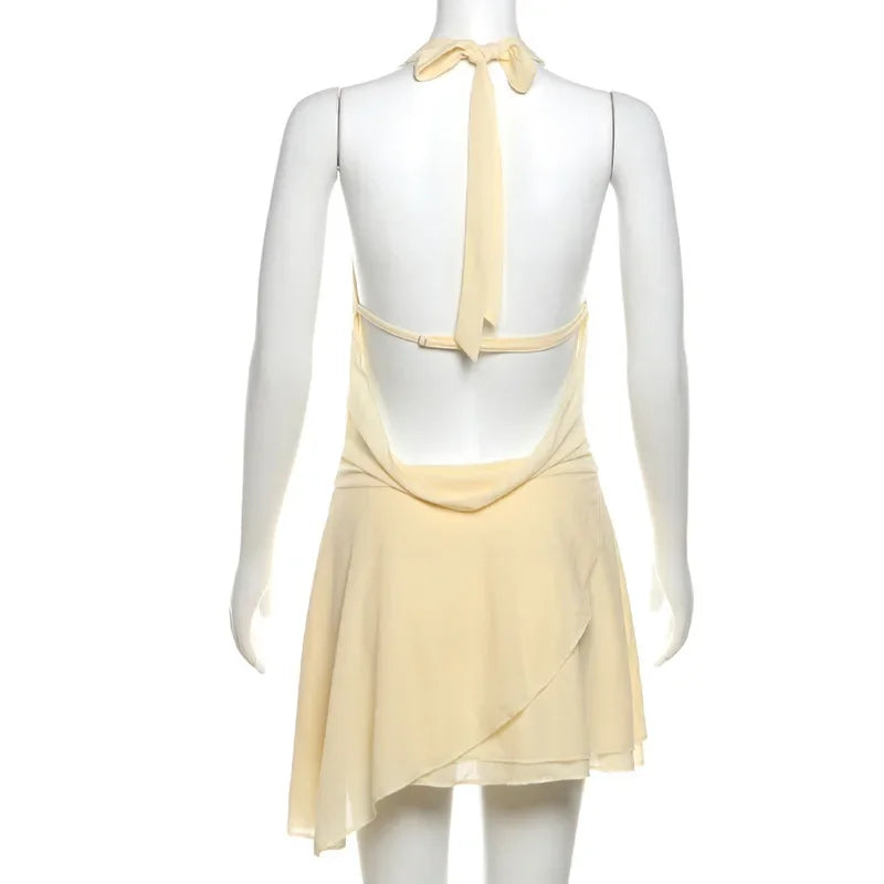 Halter Neck Plunging Cowl Ruffle Layered Hem Mini Dress
