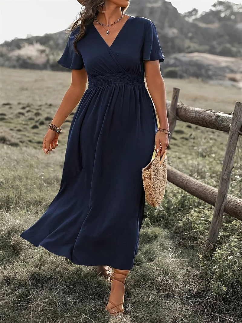 Wrap V-Neck Smocked Waist Flutter Sleeve Side-Slit Maxi Dress