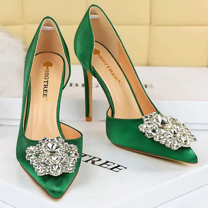 Satin Rhinestone High Heels for Women - Elegant Banquet Stilettos Lady Heels
