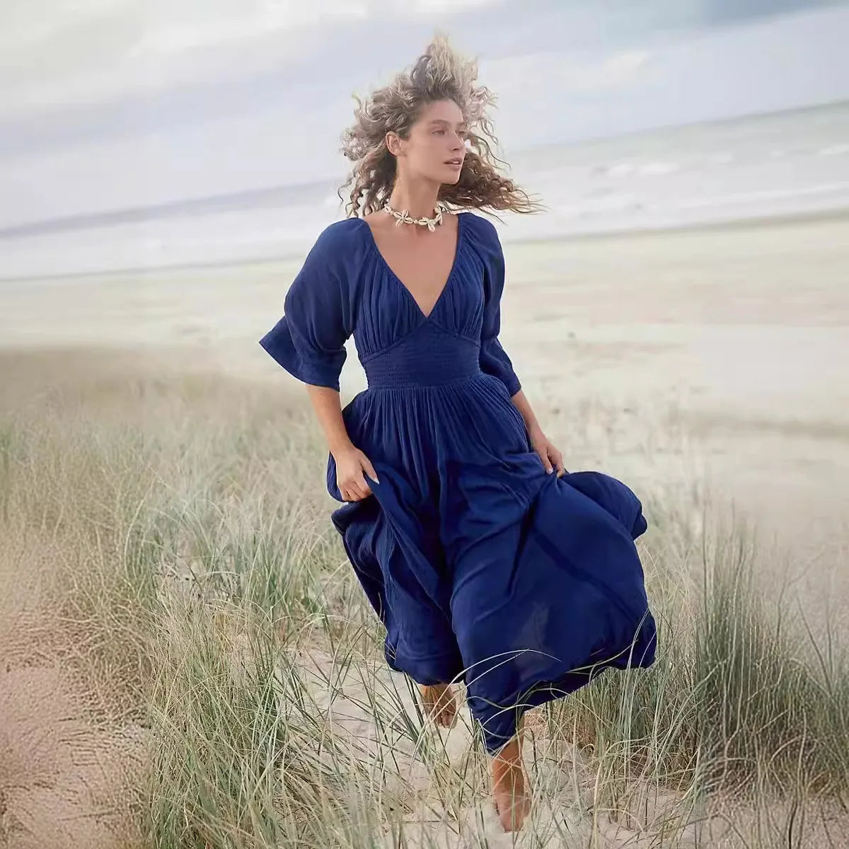 Deep V Neck Polyester Elastic Waist Boho Dress