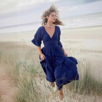 Deep V Neck Polyester Elastic Waist Boho Dress