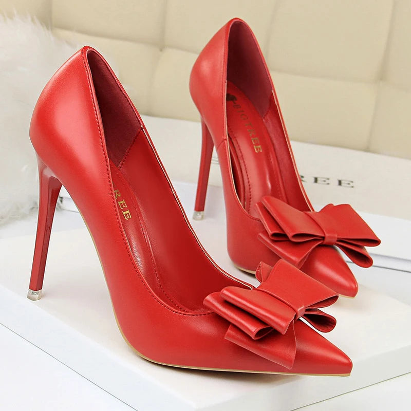Black Classic Stiletto Pumps with Bow-knot Detail in PU Leather