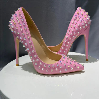 Pink Patent Pointy Toe High Heels Shoes with Crystal Spikes for Women