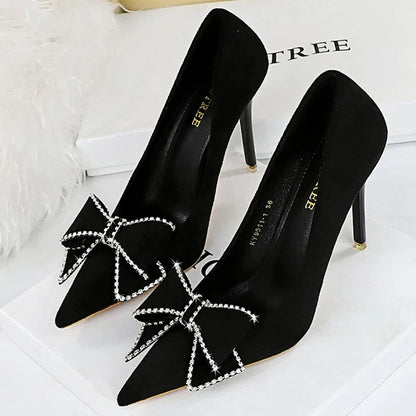 Rhinestone Bowknot Suede High Heels for Women - Sexy Party Shoes