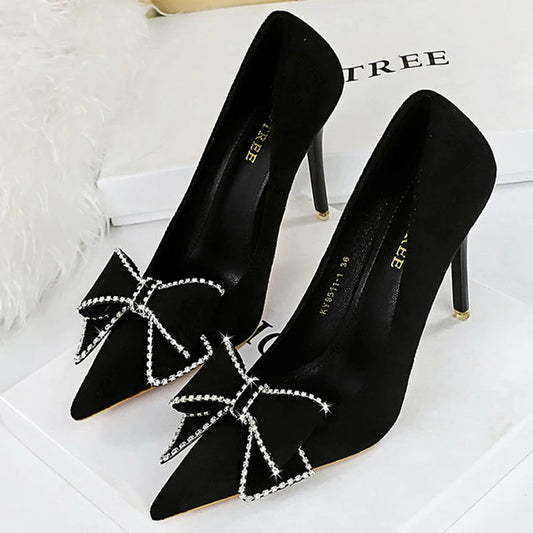 Rhinestone Bowknot Suede High Heels for Women - Sexy Party Shoes
