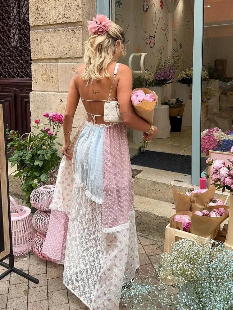 Halter Patchwork Floral Lace Panel Ribbon Tie Tiered Maxi Gown