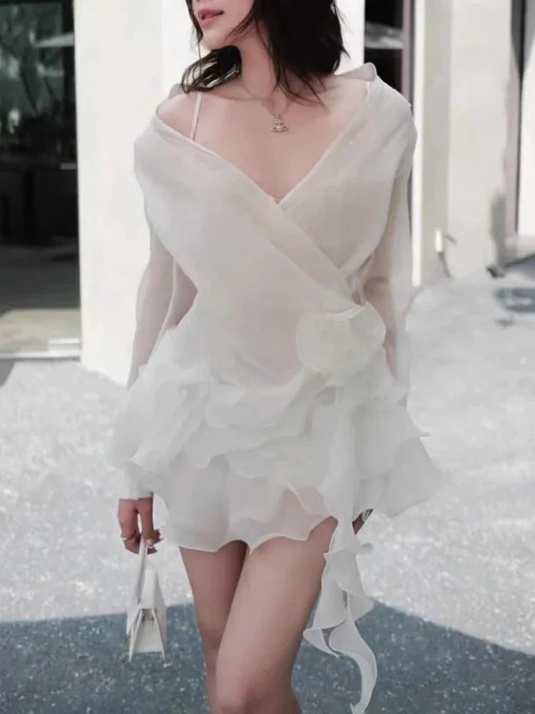 Appliques Ruffles Draped Long Sleeve Dress