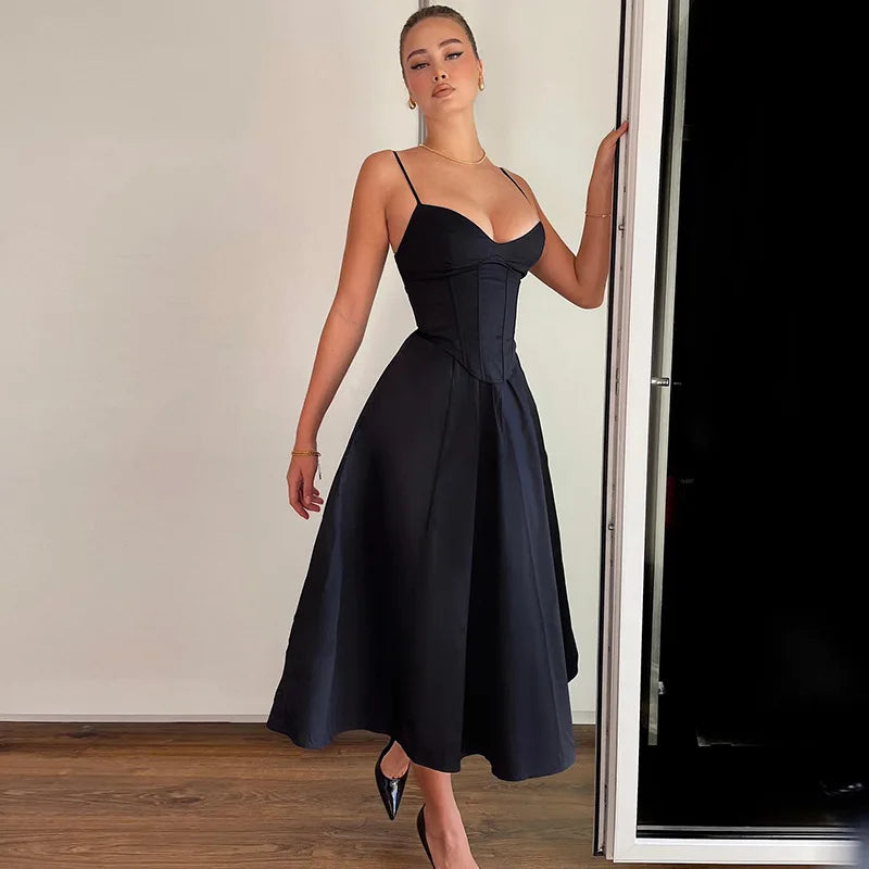 Solid Corset Long Suspender Black Prom Dress