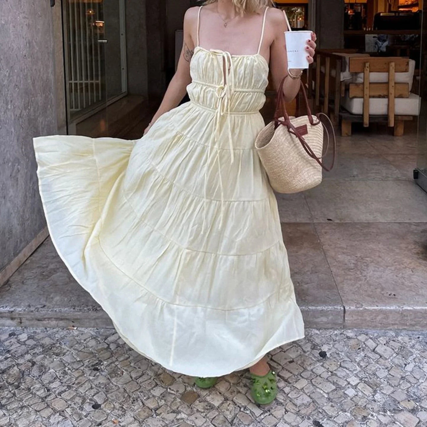 Front Tie Ruffled Slip Cami Vacation Dress