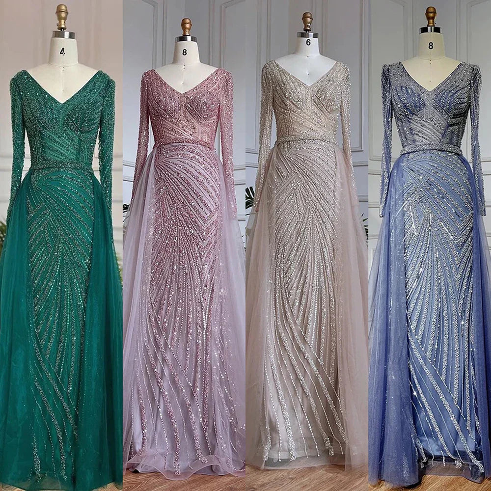Blue Mermaid Beaded Long Sleeves Evening Gown