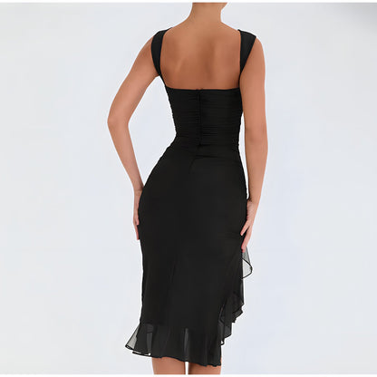 Sleeveless Round Neck Ruched Tiered Ruffle Hem High Split Midi Dress