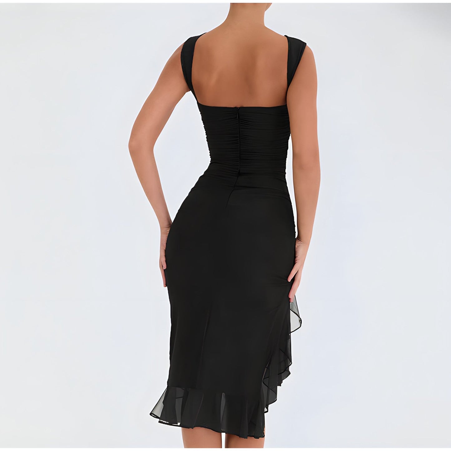 Sleeveless Crew Neck Ruched Bodycon Asymmetrical Ruffle Hem Midi Dress