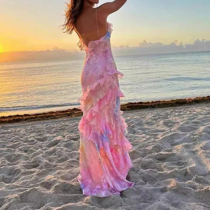 V Neck Ruffled Slim Suspender Floral Dress