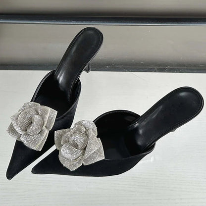 CRYSTAL Flower Silk Pointed Toe Slippers for Women