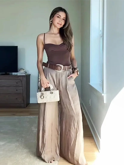 Satin Belted Wide Leg Pocket Pant