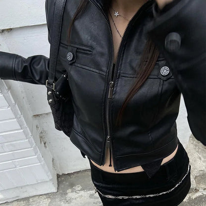 Slim Leather Zipper Button Coat