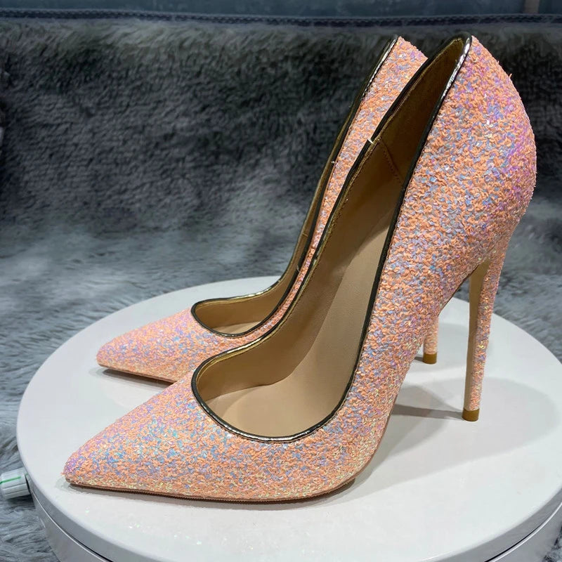 Pink Glitter Sequins Women Sexy Pumps for Wedding Party Slip On Pointed Toe Shoes