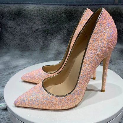 Pink Glitter Sequins Women Sexy Pumps for Wedding Party Slip On Pointed Toe Shoes