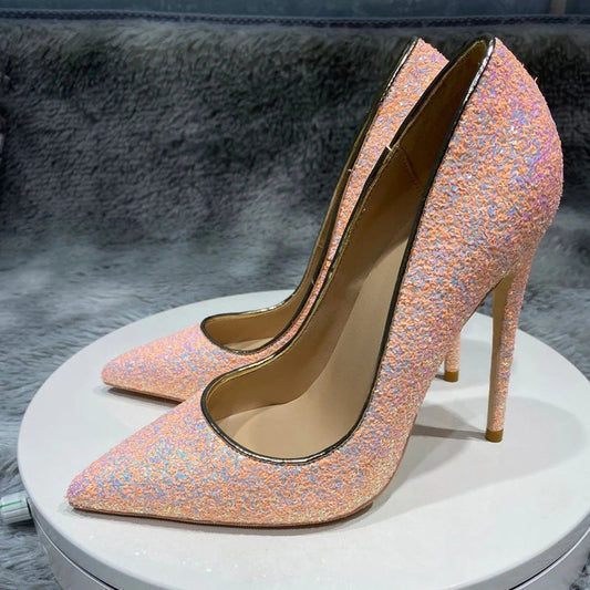 Pink Glitter Sequins Women Sexy Pumps for Wedding Party Slip On Pointed Toe Shoes