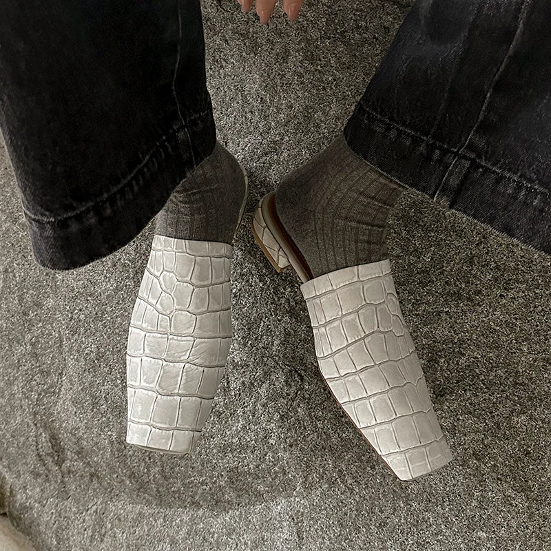 | Leather Croc-Embossed Low Heel Mules