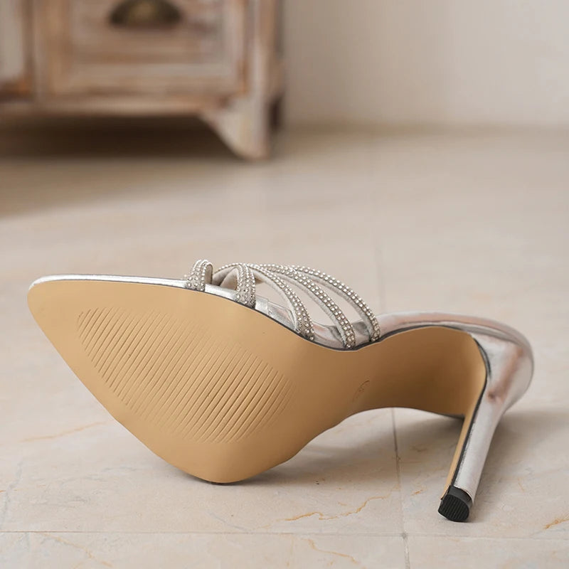 Crystal Narrow Silver High Heels Modern Slippers for Summer Fashion
