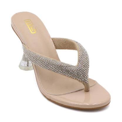 Autumn flip flops with transparent high heels and rhinestone embellishments for women's outdoor wear.