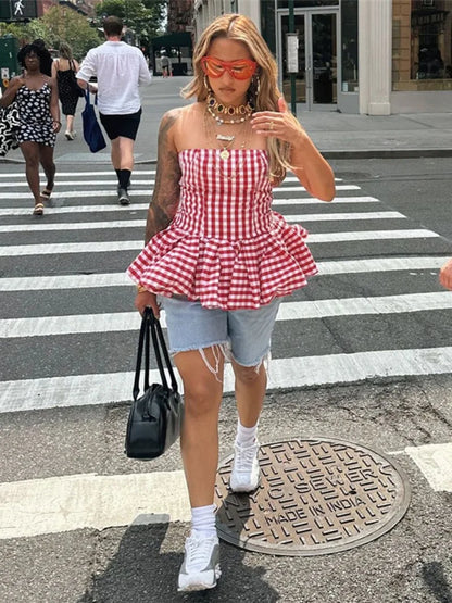 Spring Summer Plaid Tops for Women Streetwear Strapless Off Shoulder Backless Ruched Red T-shirt Girls Sleeveless Tees Top