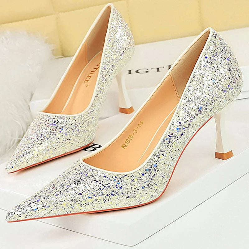 Shiny Sequin Cloth Women Pumps with 7 cm Metal Heel