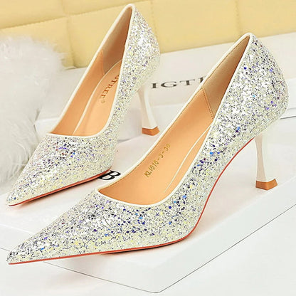Shiny Sequin Cloth Women Pumps with 7 cm Metal Heel