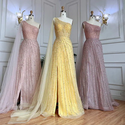 One-Shoulder Cape Sleeve Beaded Evening Dresses